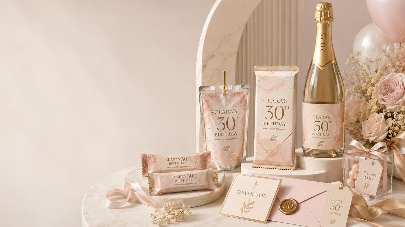 Ensemble de papeterie et d'emballages assortis pour un trentième anniversaire, tons ivoire, rose poudré et doré