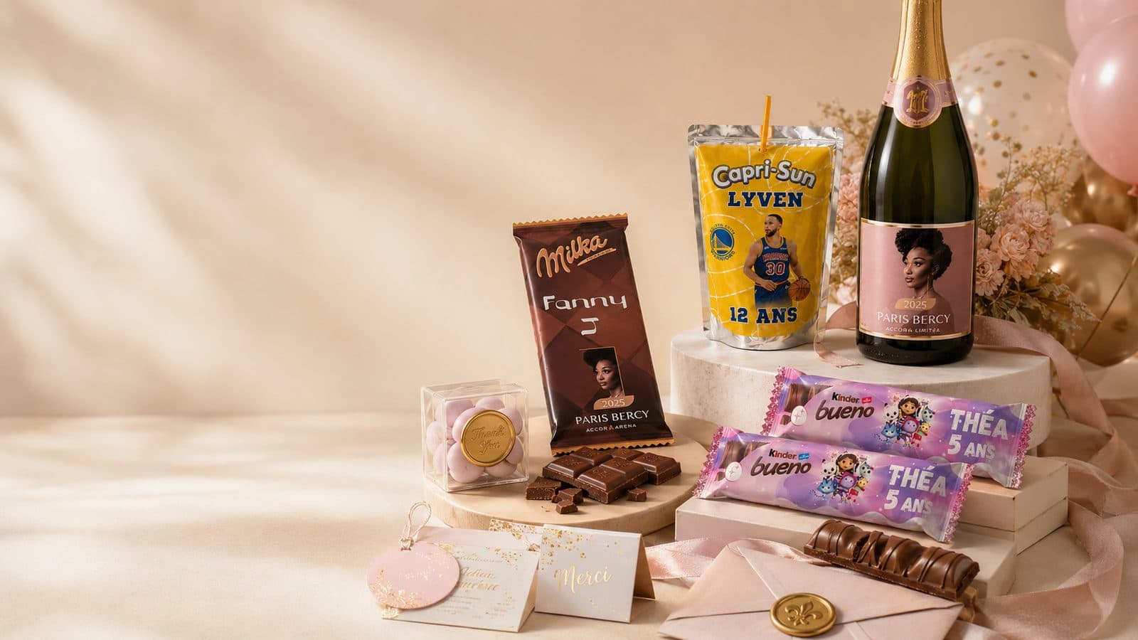 Assortiment d'emballages personnalisés : tablette de chocolat, gourde, champagne et barres chocolatées au prénom